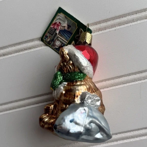 Old World Christmas Blown Glass Cat With Toy Mouse w/ Tag OWC Glitter VINTAGE - Picture 4 of 7